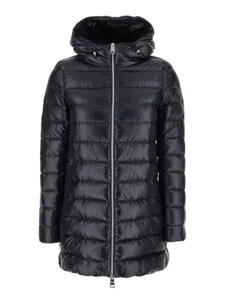 Geaca de Iarna Down jacket with fixed hood and zip pockets in black tech fabric for women