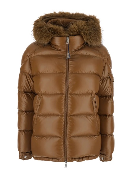 Geaca de Iarna 'Hypolais' Brown Down jacket with removable fur hood and logo patch on the sleeve in Tech Fabric for women