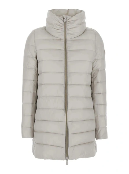Geaca de Iarna 'Lydia' Beige Down Jacket with High Neck and Logo Patch on the Sleeve in Tech Fabric Woman