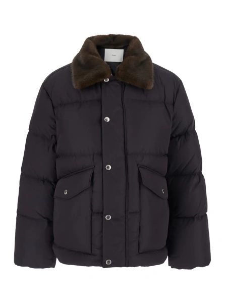 Geaca de Iarna Unisex Down Jacket with Leather Collar and Front Closure