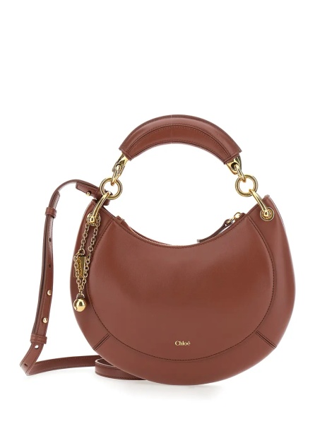 Geanta de mana 'Banana' Brown Handbag with Adjustable and Removable Shoulder Strap and Logo Charm on the Front in Leather for Women