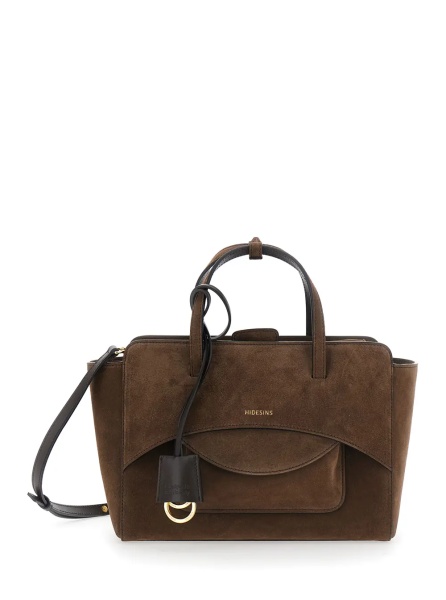 Geanta de mana Brown Medium Handbag with Adjustable Shoulder Strap and Front Pocket in Suede for Women