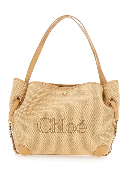 Geanta de mana 'Chloe Clover' Beige tote bag with Logo Lettering on the Front and Adjustable Chain Strap in Fabric for Women