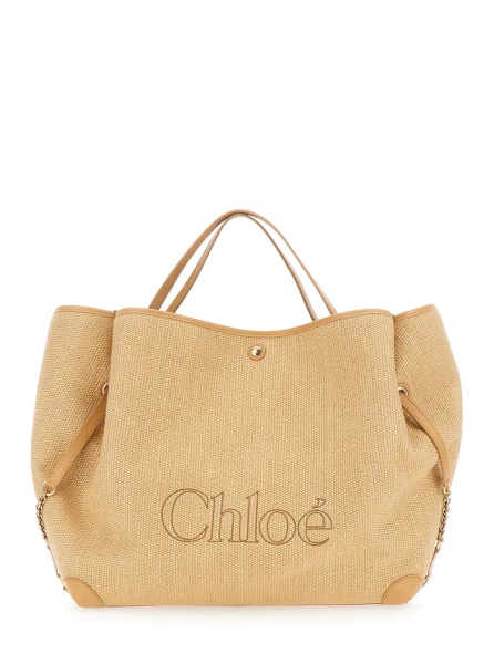 Geanta de mana 'Chloe Clover' Beige Tote Bag with Logo Lettering on the Front and Adjustable Chain Strap in Fabric for Women