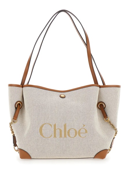 Geanta de mana 'Clover' Brown Tote Bag with Logo Lettering on the Front and Magnetic Closure in Cotton for Women