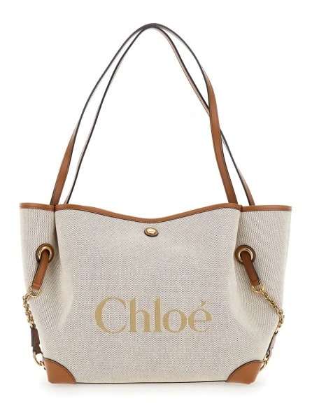 Geanta de mana 'Clover' Brown Tote Bag with Logo Lettering on the Front and Magnetic Closure in Cotton for Women