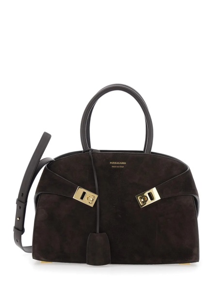 Geanta de mana Handbag 'Hug Piccola' with Logo and Gancini Buckles in Brown Suede for Women