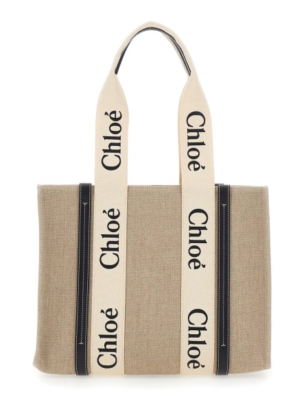 Geanta de mana Handbag 'Medium Woody' with logo lettering on the front in Beige Linen for Women