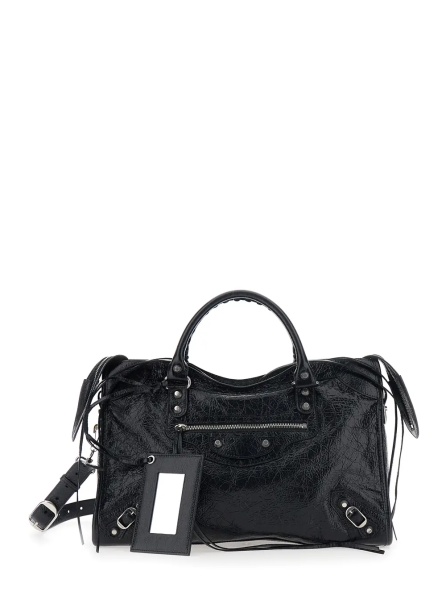 Geanta de mana 'Le City Bag' Black Medium Handbag with adjustable and removable shoulder strap and removable mirror in leather for women