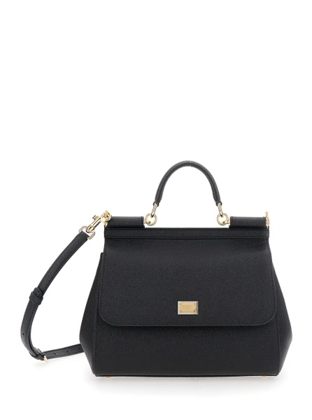 Geanta de mana 'My Sicily Large' Black Handbag with Logo Plate on Front in Grained Leather for Women