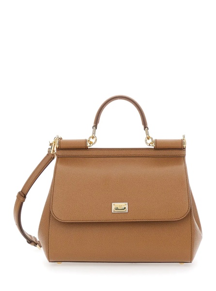 Geanta de mana 'My Sicily Large' Handbag with Logo Plate on Front in Grained Brown Leather for Women