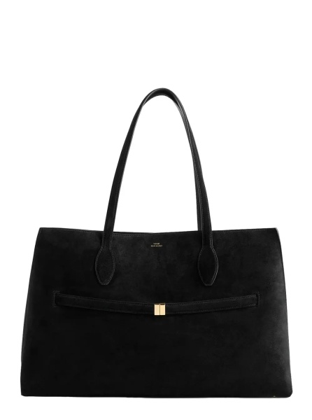 Geanta de mana TOTÊME 'Lounge' Black Tote Bag with Belt and Embossed Logo Lettering on the Front in Suede Woman
