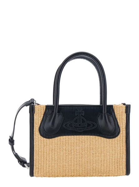 Geanta de mana 'Troy' Beige Small Handbag with Logo Orb Embossed on the Front and Raffia Effect in Cotton Blend for Women