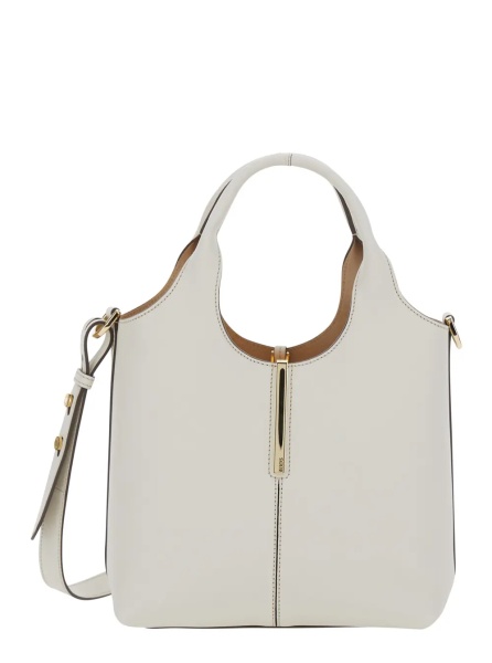Geanta de mana White Handbag with Adjustable and Removable Shoulder Strap and Metal Bar on the Front in Leather for Women