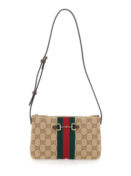 Geanta de umar Beige Crossbody bag with adjustable strap and Horsebit plaque on the front in GG Canvas Women