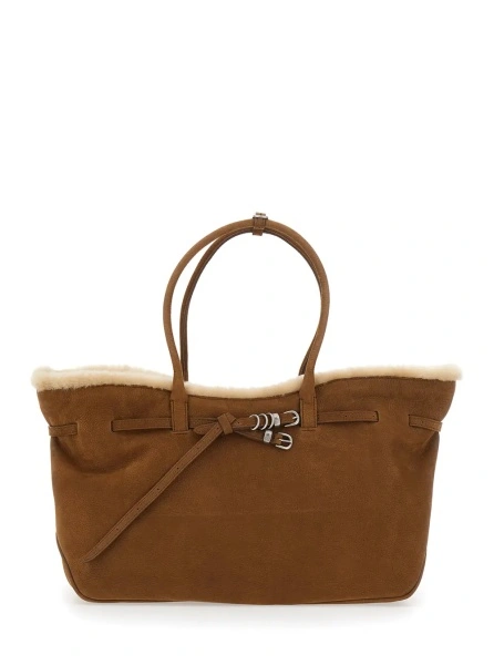 Geanta de umar Beige Shoulder bag with shearling lining and front logo loop in leather for women
