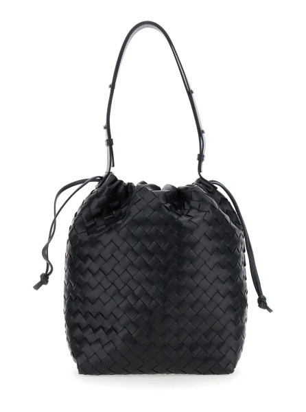 Geanta de umar Black Shoulder Bag with Drawstring Closure and Intrecciato Motif in Leather Man