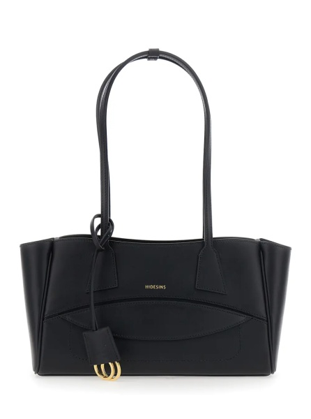 Geanta de umar Black Small Shoulder bag with Front Pocket and Logo lettering in Leather for Women