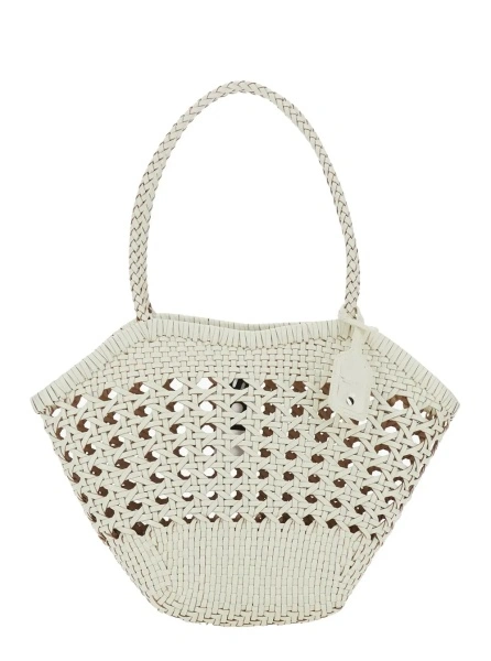 Geanta de umar 'Lip' White Shoulder Bag with Rounded Handles and Woven Design in Leather Women