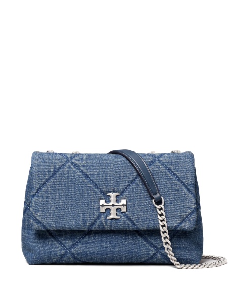 Geanta de umar Tory Burch albastra din piele si bumbac