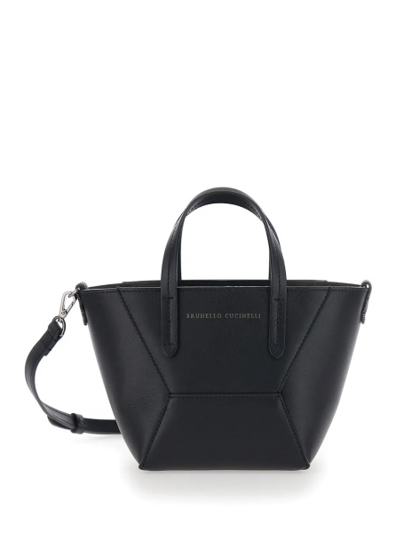 Genti 'Duo' Black Mini Bag with adjustable and removable shoulder strap and Logo lettering on the front in leather for women