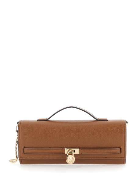 Genti 'Hamilton Moderne' Brown Clutch with Lock Detail on the Front in Hammered Leather Women