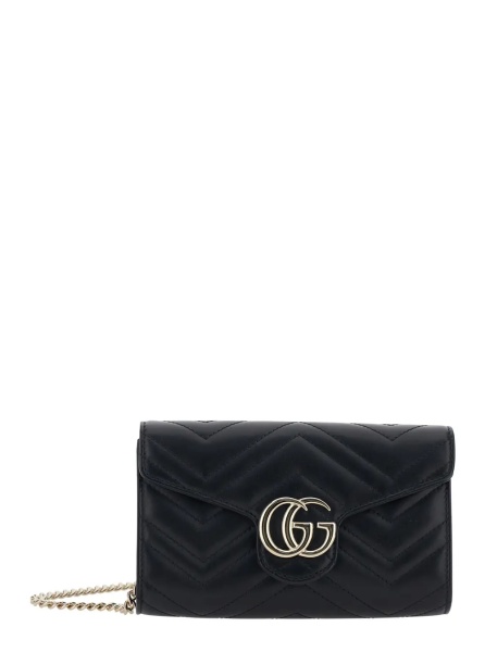 Genti Mini 'GG Marmont' Bag with GG Plate on the Front and Chain Strap in Black Leather for Women