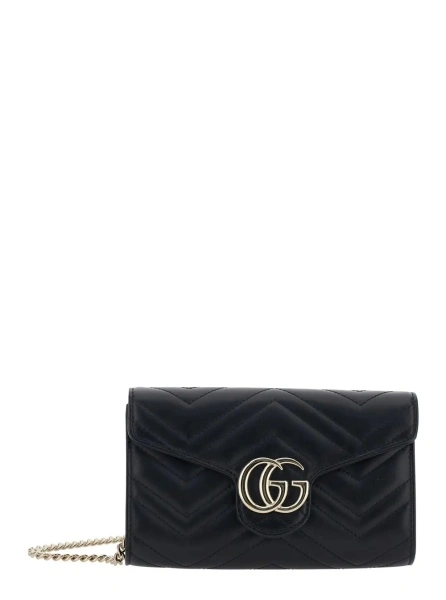 Genti Mini 'GG Marmont' Bag with GG Plate on the Front and Chain Strap in Black Leather for Women
