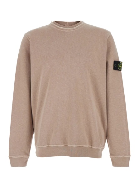 Hanorace Beige Crewneck Sweatshirt with Dropped Shoulders and Logo Patch on the Sleeve in Cotton for Men