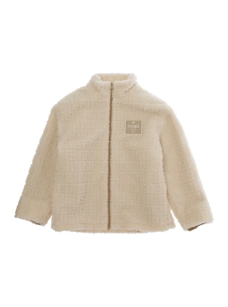 Hanorace Beige Teddy sweatshirt with logo patch and FF all-over motif in wool blend for boy