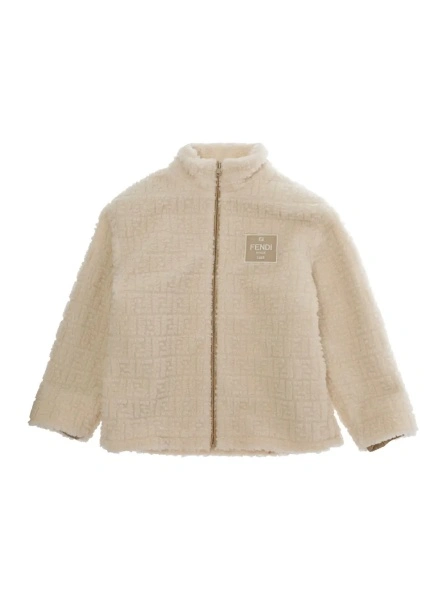 Hanorace Beige Teddy sweatshirt with logo patch and FF all-over motif in wool blend for boy