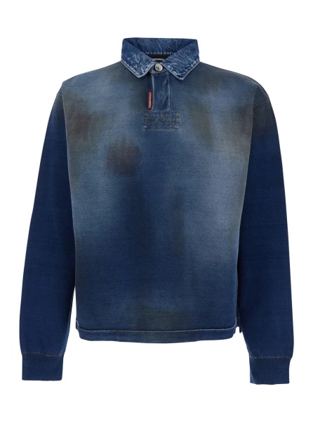 Hanorace Blue Sweatshirt with Polo-Shirt Style Collar and Faded Effect in Cotton for Men