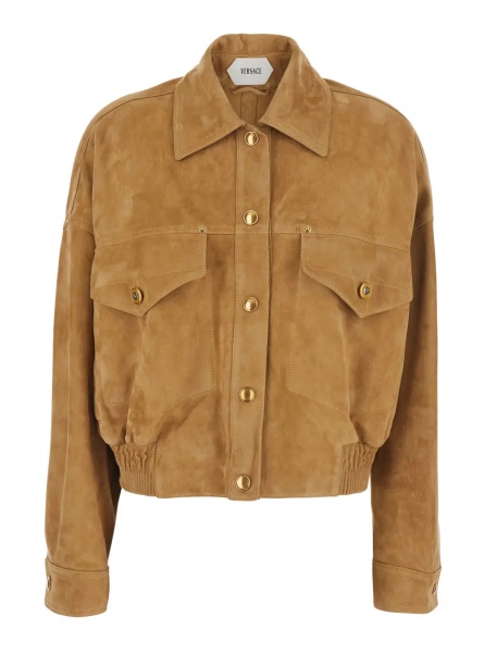Jacheta Beige Jacket with pointed collar and logo jewel buttons in suede for men