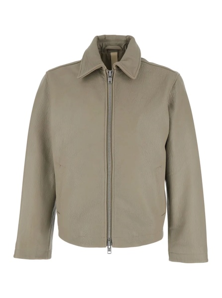 Jacheta Beige Leather Crop Jacket with Classic Collar and Dropped Shoulders for Men