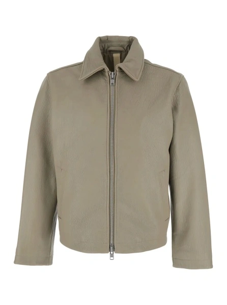 Jacheta Beige Leather Crop Jacket with Classic Collar and Dropped Shoulders for Men