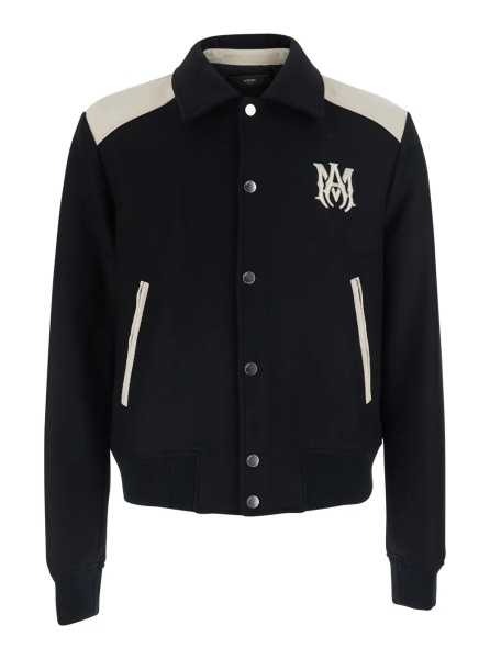Jacheta Black Jacket with classic collar and logo patch on the front in wool blend for men