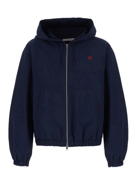 Jacheta Blue Hooded Jacket with Drawstring and Triomphe Embroidery on the Front in Cotton Blend for Men