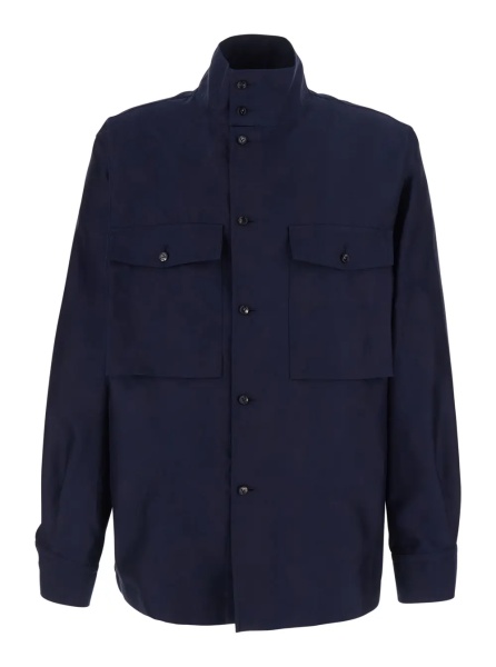 Jacheta blue Jacket with high collar and front pockets in cotton and silk for men