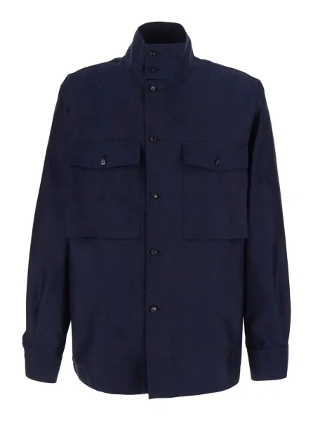 Jacheta blue Jacket with high collar and front pockets in cotton and silk for men