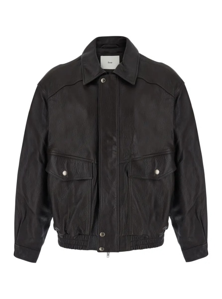 Jacheta Brown Oversized jacket with pointed collar and grained leather flap pockets for women