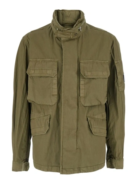 Jacheta Green Jacket with Stand-up Collar and Removable Hood in Cotton Men