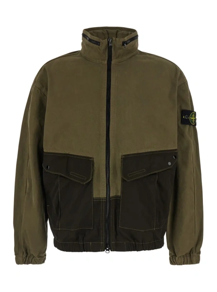 Jacheta 'Panama' Green Jacket with Fixed Hood and Logo Patch on the Sleeve in Cotton for Men