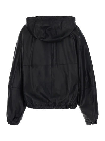 Jacheta 'Tanner' Black Jacket with Fixed Hood in Leather for Women