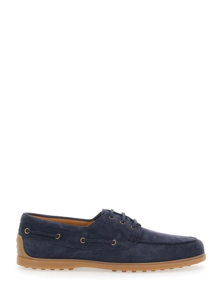 Mocasini Blue Boat Loafers with Logo Lettering on Back in Suede Man