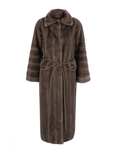 Paltoane Brown Shearling coat with wide collar and front belt in ecofur for women