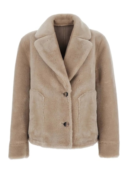 Palton Beige Shearling Coat with Notched Collar and Reversible Design in Eco-Fur for Women
