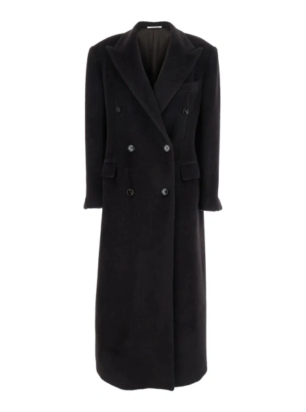 Palton Brown Double-Breasted Coat with Golden Buttons in Faux Fur Woman
