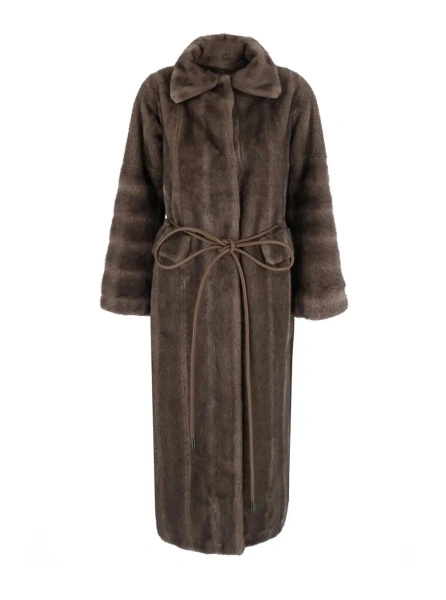Palton Brown Shearling coat with wide collar and front belt in ecofur for women