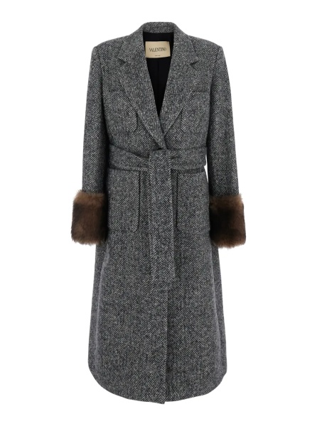 Palton Grey Double-breasted Coat with Belt at the Front and Fur Cuffs in Wool Blend for Women