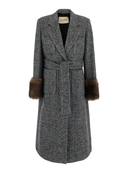 Palton Grey Double-breasted Coat with Belt at the Front and Fur Cuffs in Wool Blend for Women